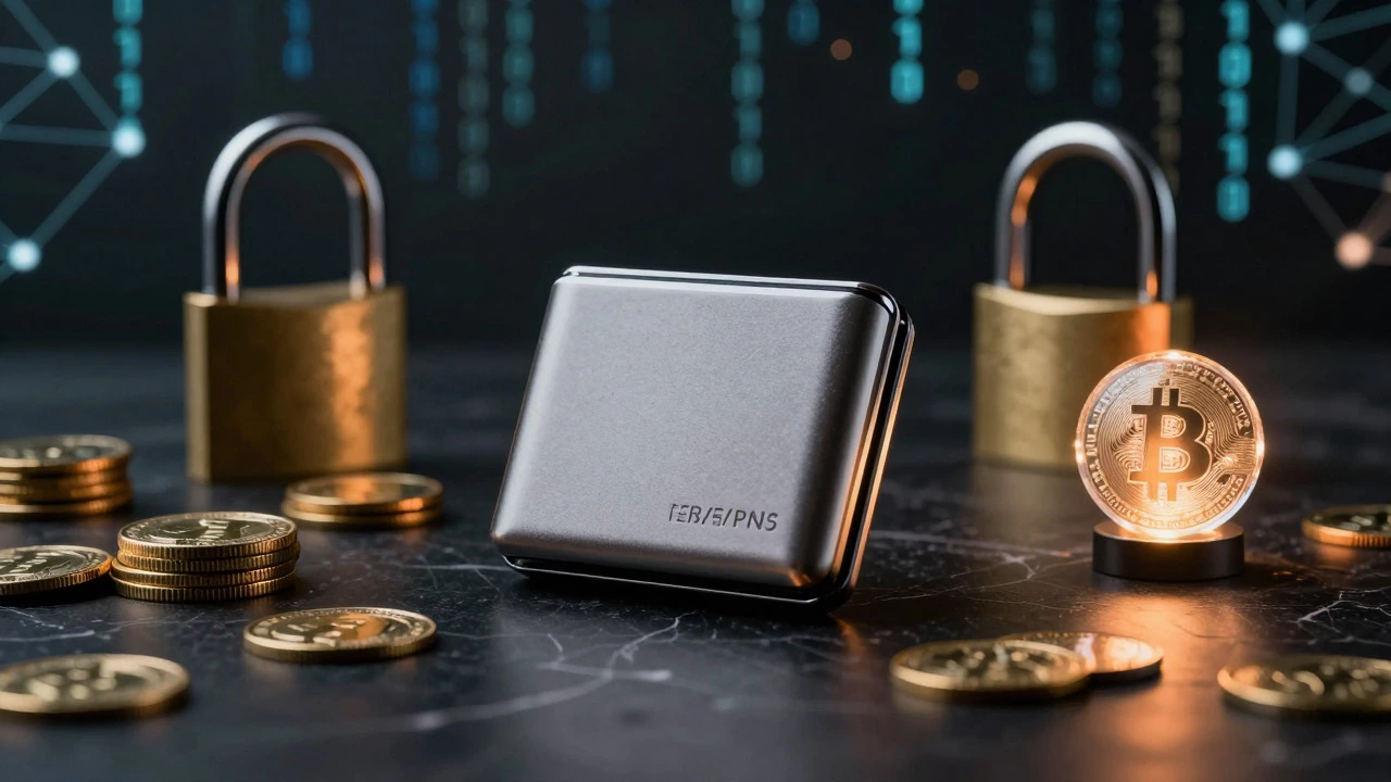 Hardware wallet and gold coins on marble table symbolizing crypto security