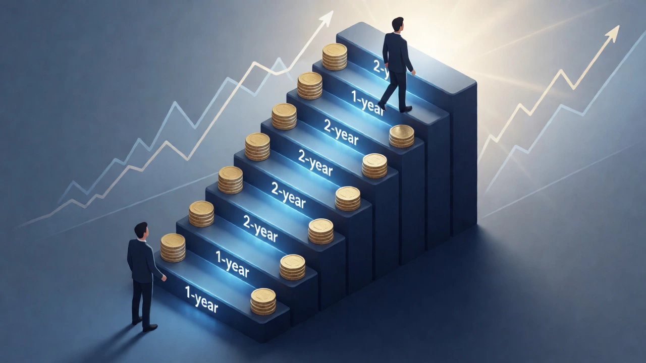 Isometric staircase of gold coins representing CD ladder