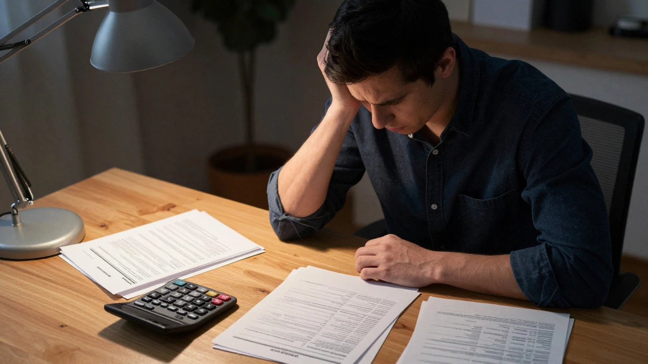 Person reviewing financial documents at a desk under a lamp