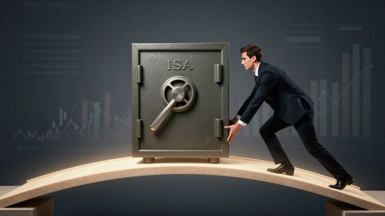 Person transferring a safe between pedestals via a glowing bridge metaphor