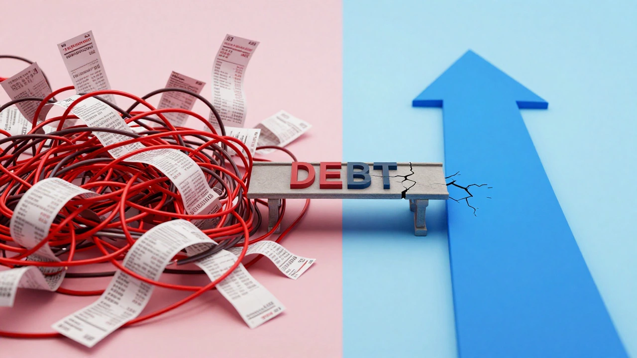 Split screen showing tangled debt versus organized repayment path