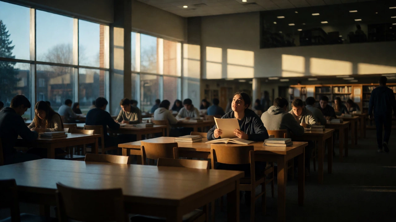 Student feeling relieved in a sunlit university library