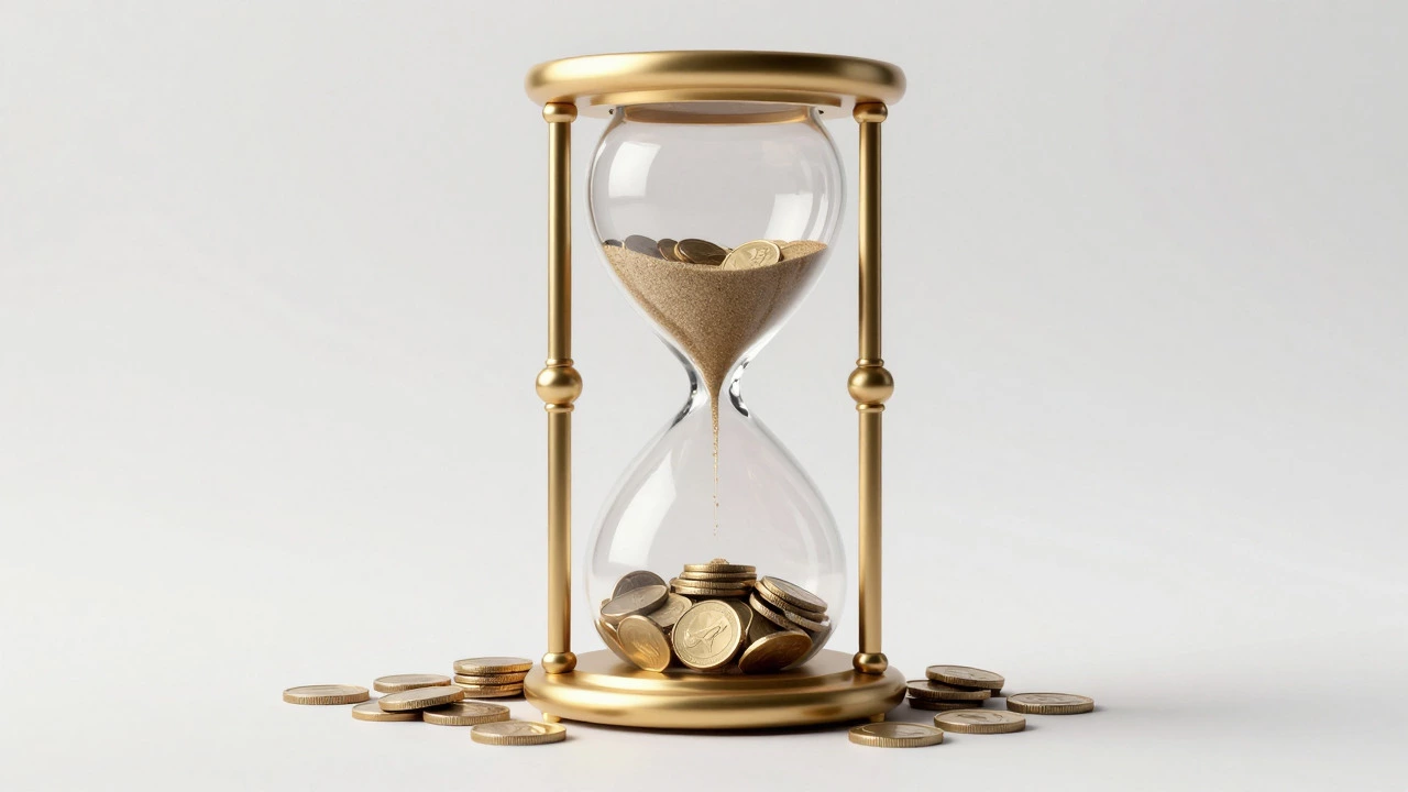 Surreal illustration of an hourglass losing coins to represent lost interest