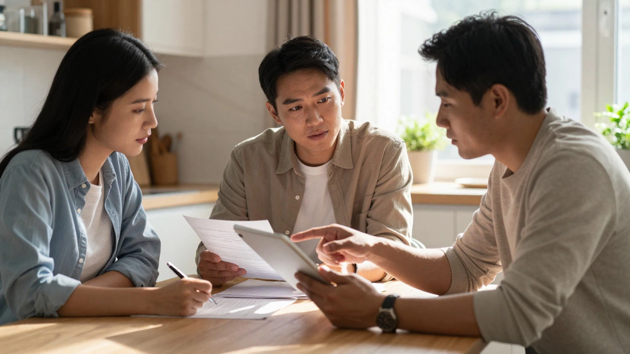 Three people discussing car finance documents at a kitchen table