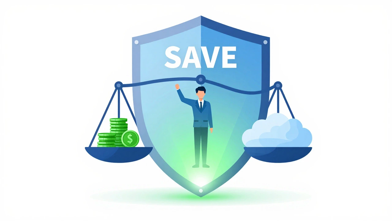 Vector illustration of a shield protecting a figure with a balanced scale of income and costs
