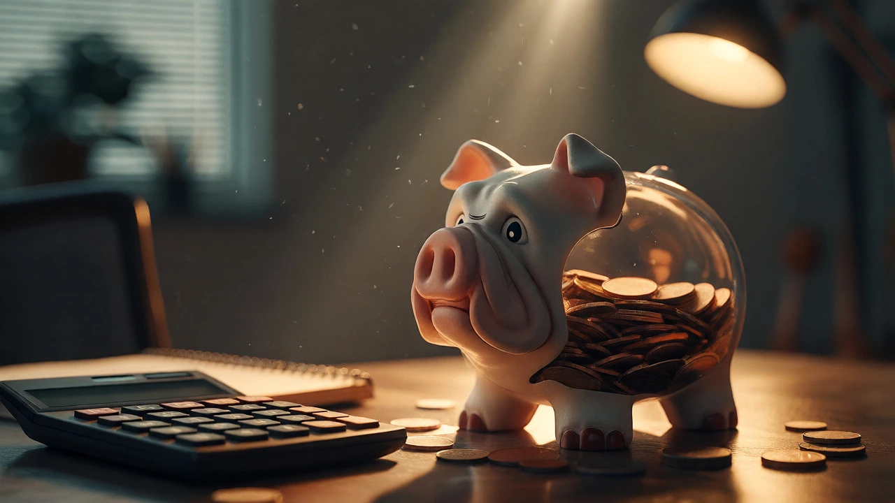 Bulldog piggy bank full of coins on a desk under dramatic lighting