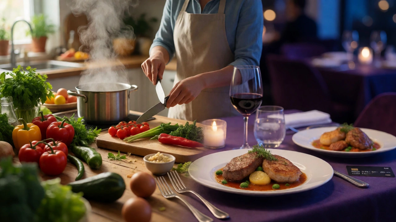 Comparison of home-cooked meal versus expensive restaurant dining