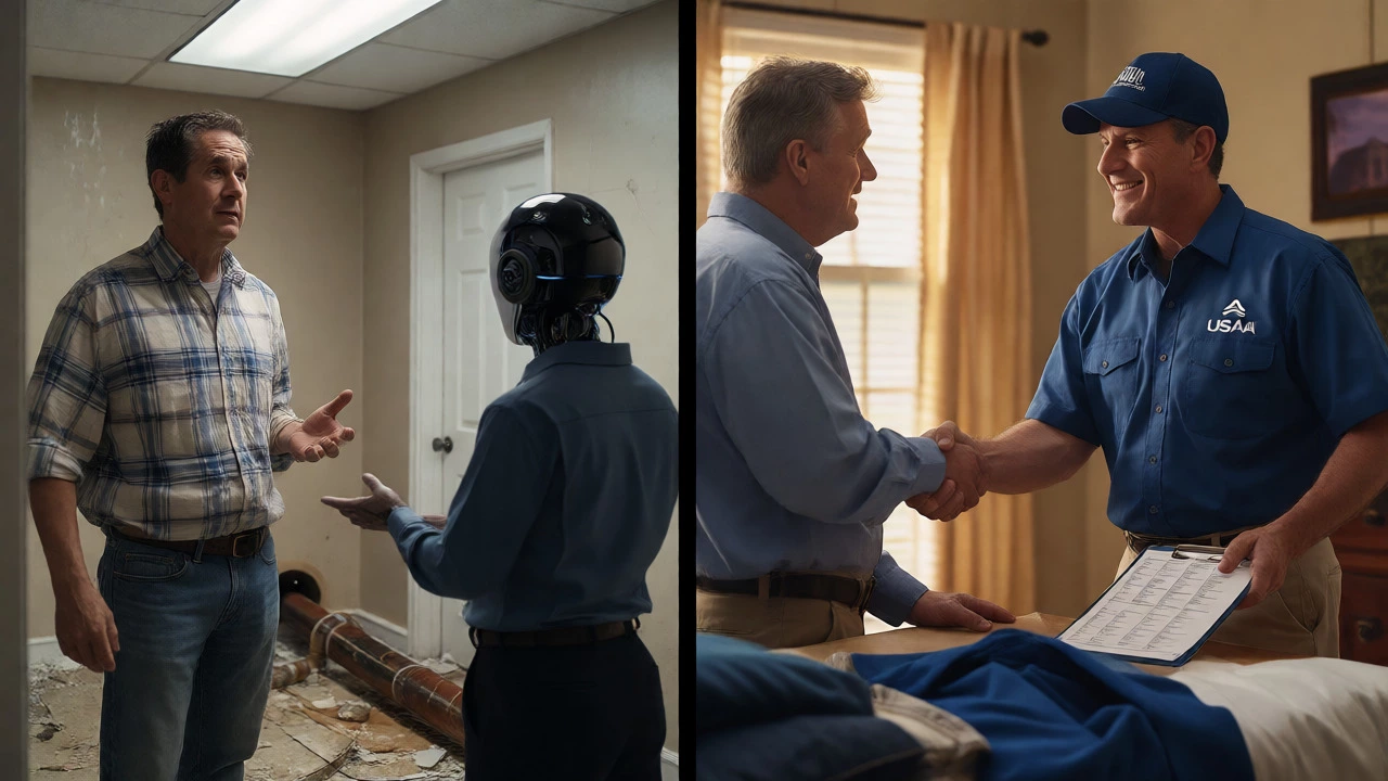 Comparison of stressful automated claims vs. helpful USAA adjuster service.