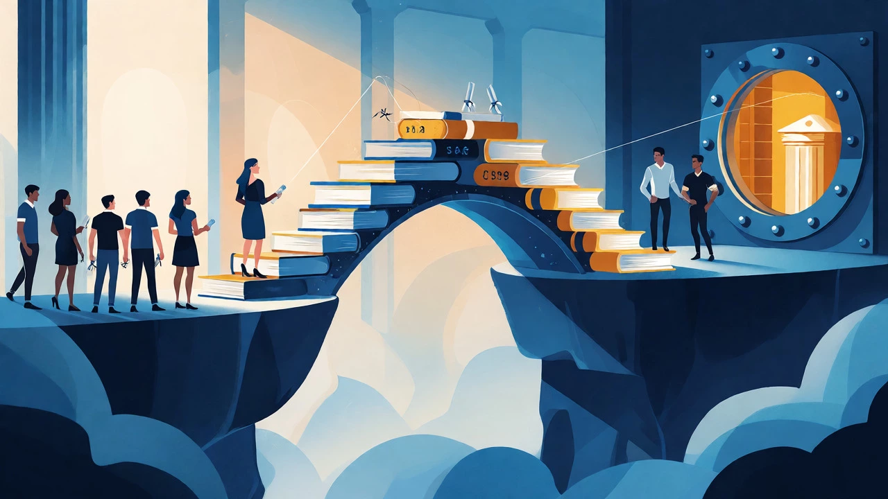 Conceptual illustration of a bridge of books connecting students to a loan vault.
