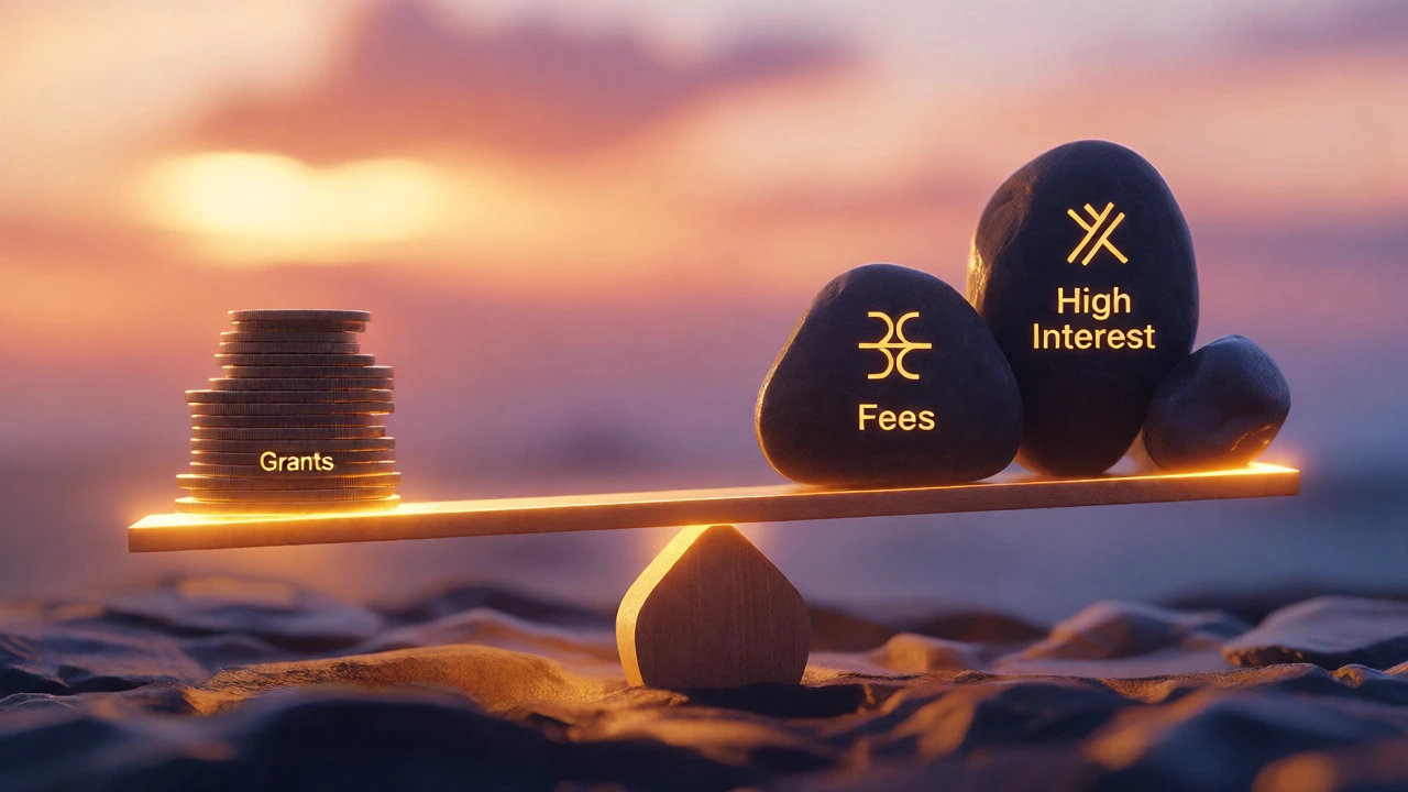 Conceptual scale balancing emergency funds against high-interest costs at dawn.