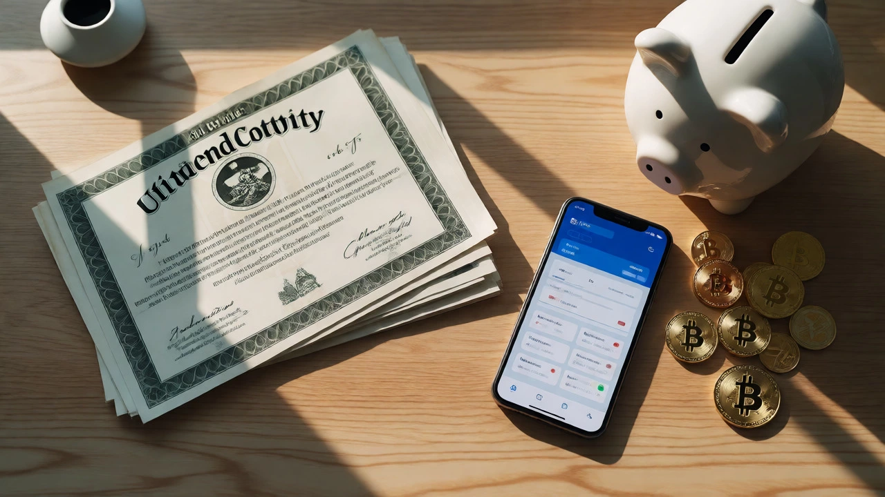 Diverse investment assets including stocks and crypto on a desk