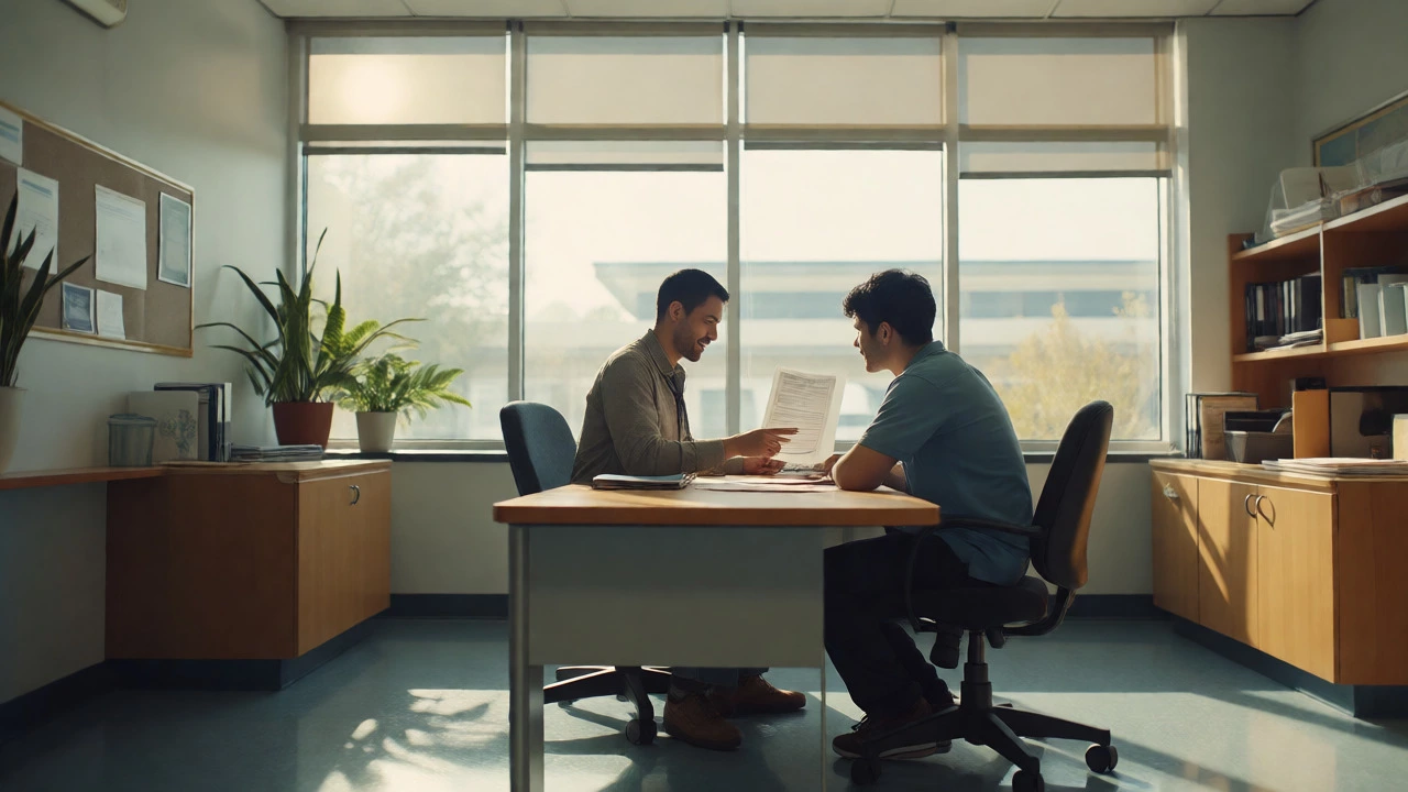 Financial aid advisor discussing options with a student in a bright office.
