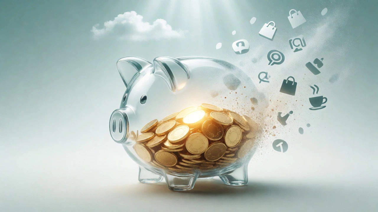 Glowing glass piggy bank with dissolving consumer icons