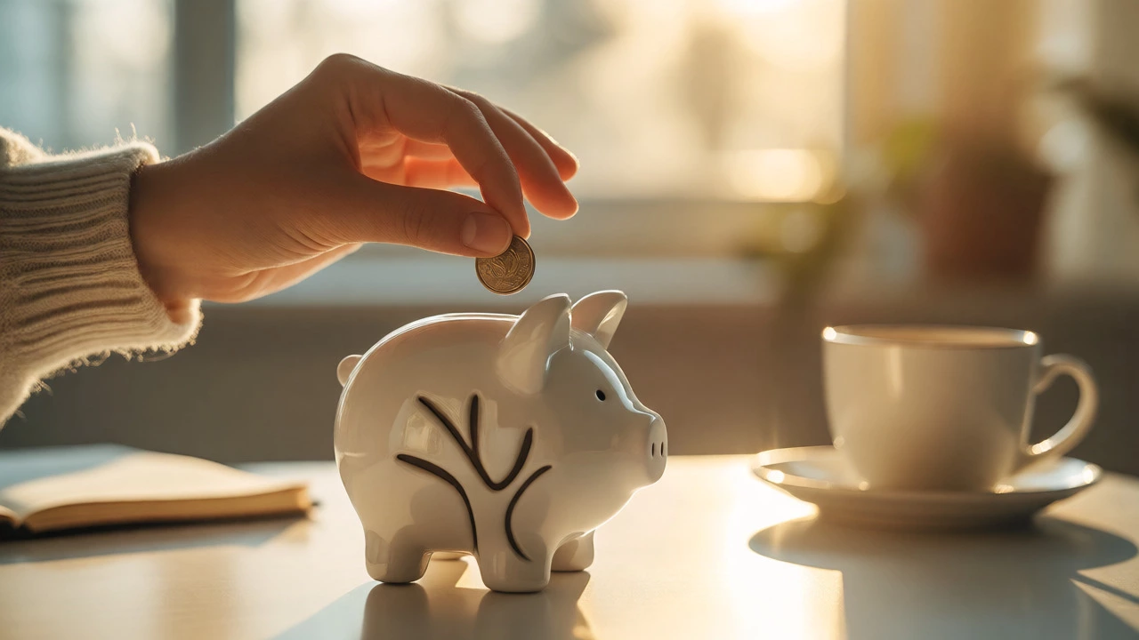 Hand placing a coin into a tree-shaped piggy bank in warm morning light.