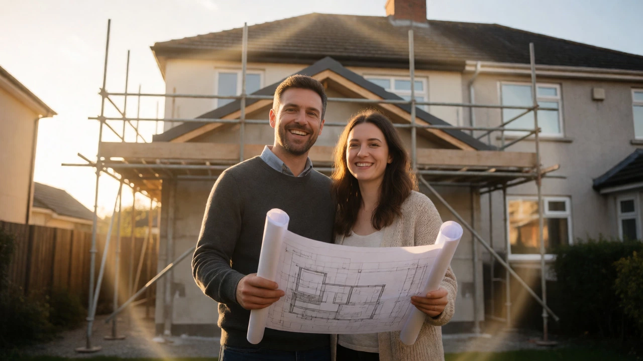Happy couple with blueprints outside home extension