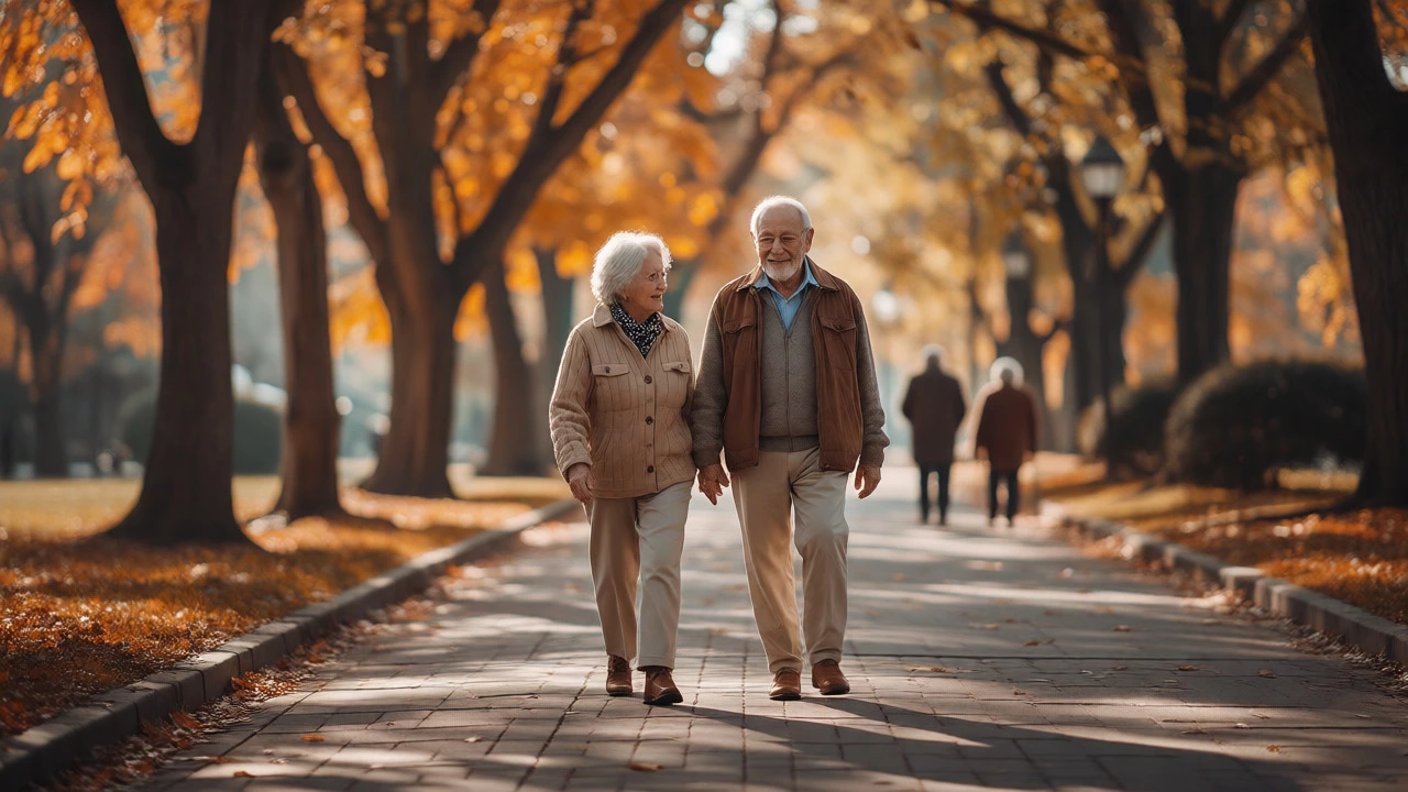 Happy elderly couple walking in an autumn park, symbolizing secure retirement