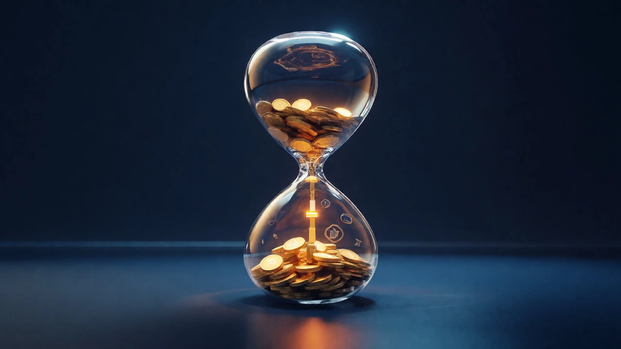 Hourglass with gold coins turning into expense blocks representing savings depletion