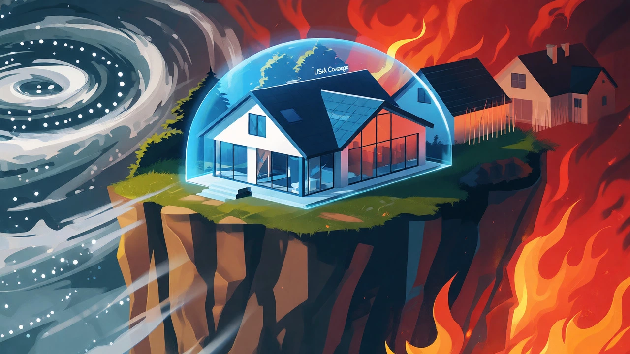 House protected by a blue shield against hurricanes and wildfires.