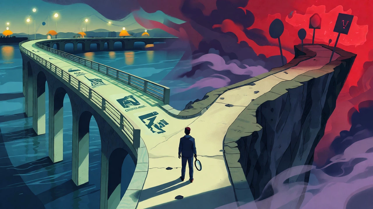 Illustration of a person choosing between a safe bridge and a risky cliff path.