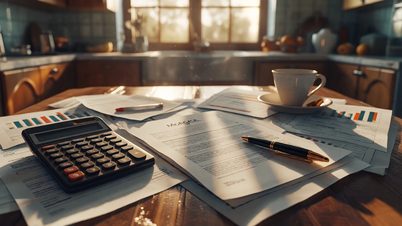 Kitchen table with mortgage papers and calculator