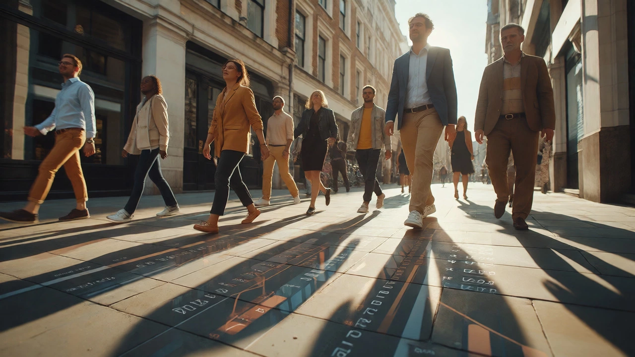 People walking in London with subtle rising chart overlays