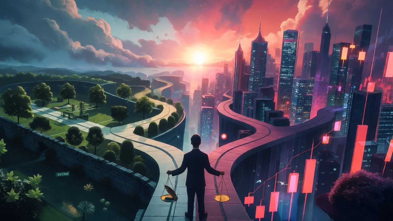 Person balancing risk and reward at a financial crossroads