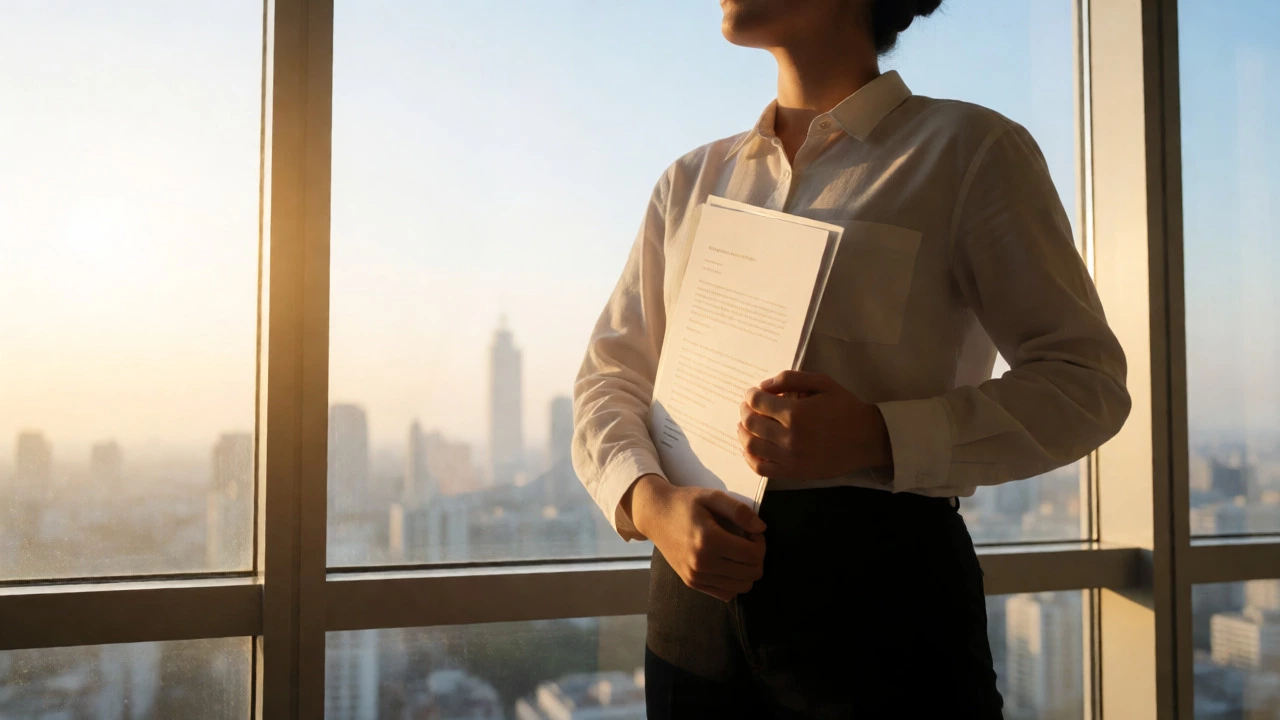 Relieved person holding documents in front of a city skyline at sunrise.