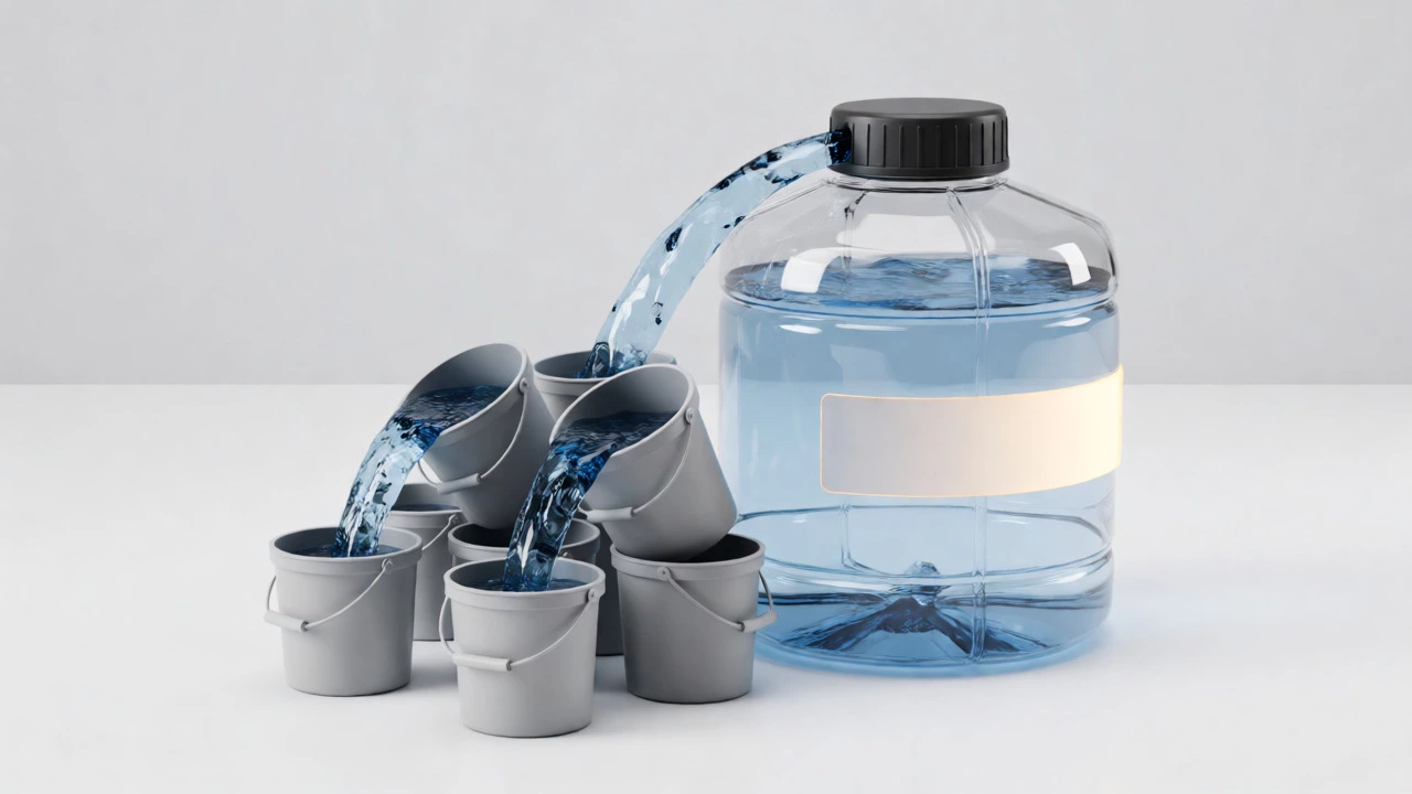 Visual metaphor of water flowing from small leaky buckets into one large tank.