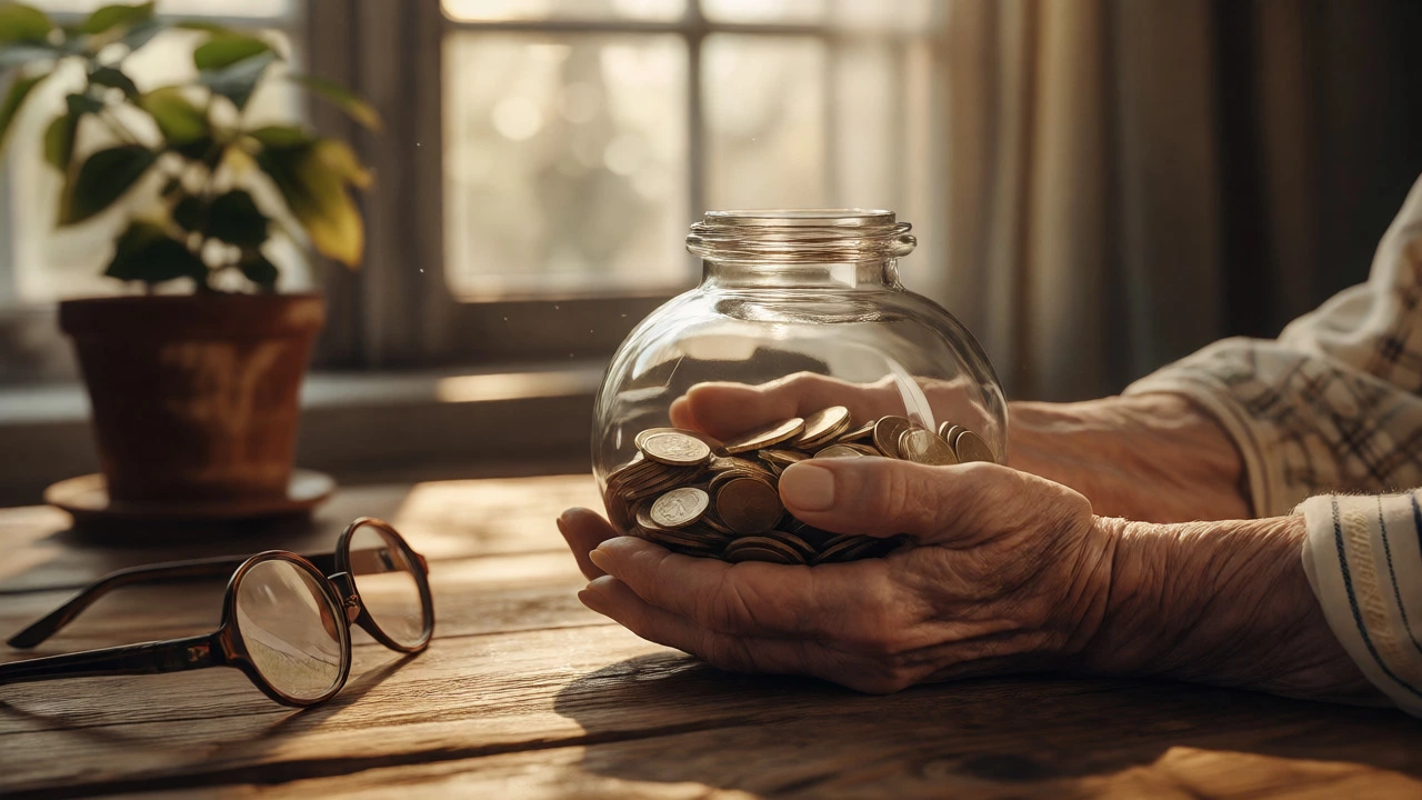 Close-up of elderly hands holding a coin-filled piggy bank
