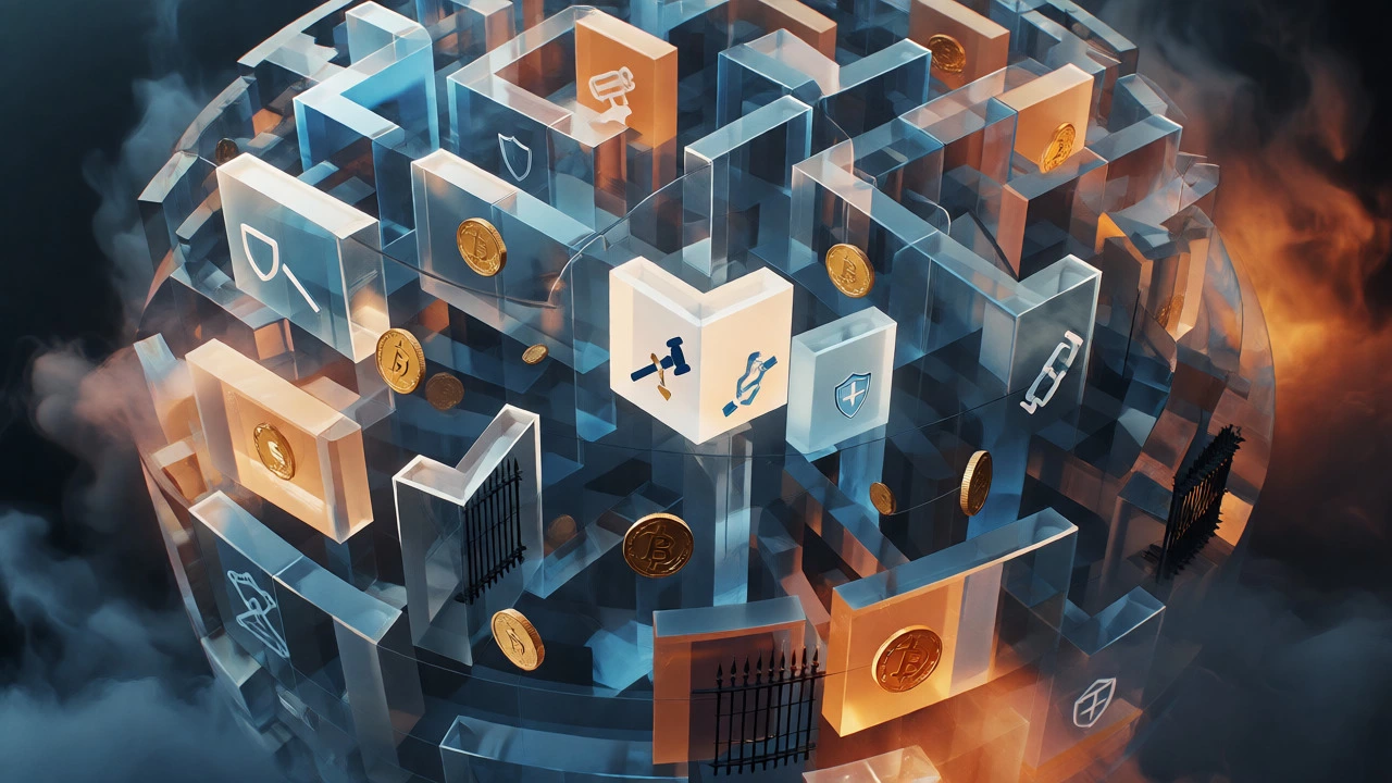 Conceptual maze of glass walls representing global crypto regulations