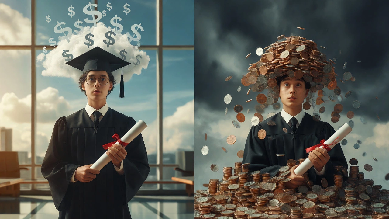 Contrast between a graduate with manageable debt and one overwhelmed by excessive loans.