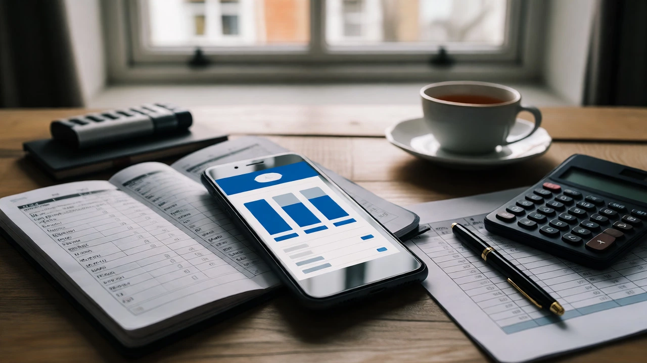 Desk with smartphone showing credit stats, ledger, and tea in a calm office.