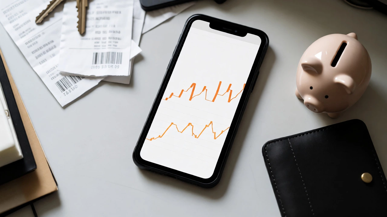 Flat lay of phone, wallet, and piggy bank on a desk