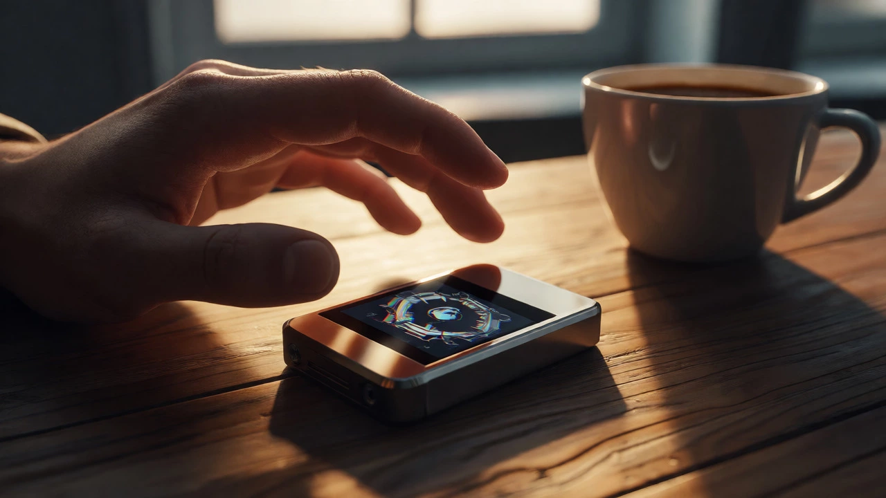 Hand hovering over a hardware wallet with a cracked vault reflection