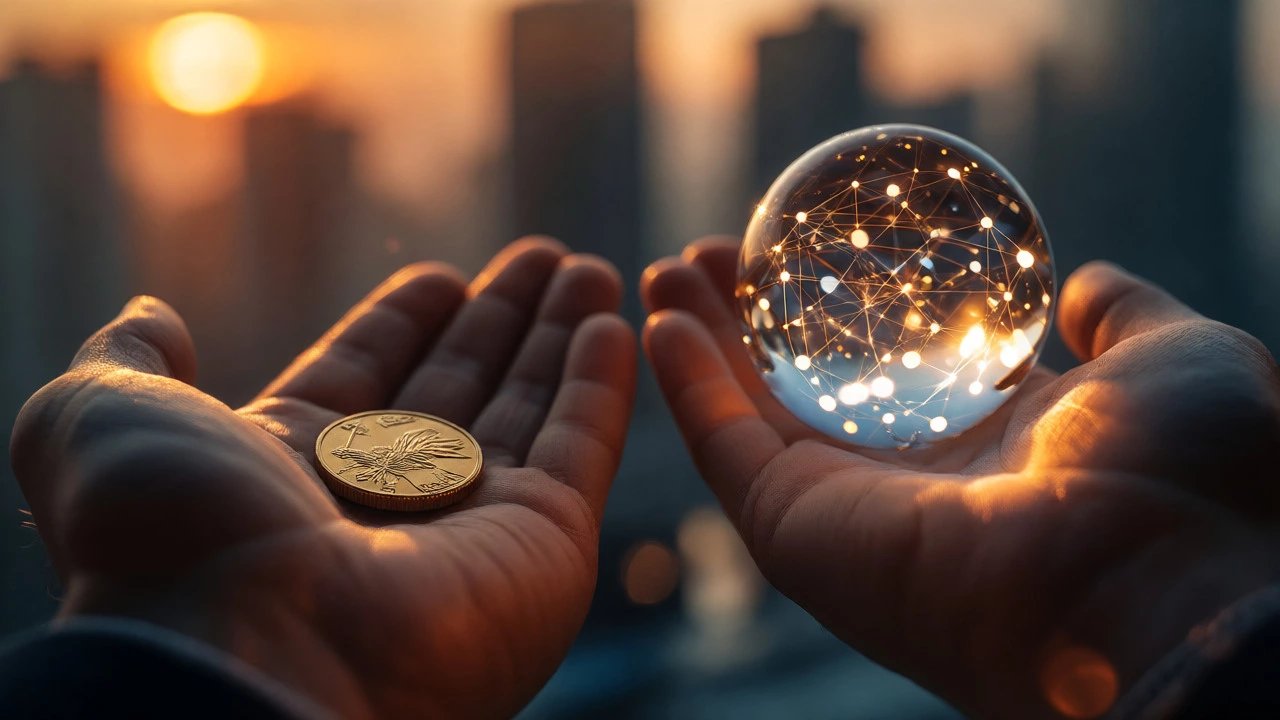 Hands comparing a solid gold coin and a digital glass sphere