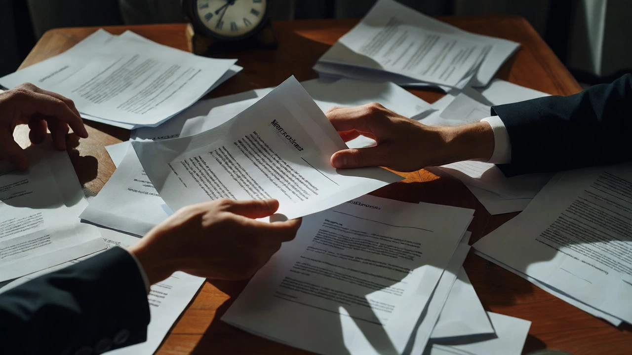 Hands pushing back paperwork during tense car dealership negotiation