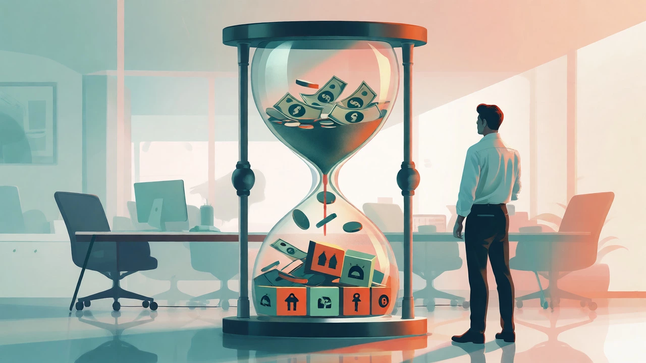 Hourglass filled with money transforming into life milestones.