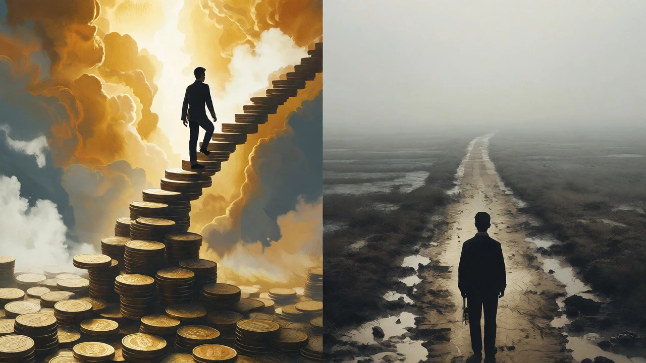 Illustration of two career paths: one rising through debt, one stuck.