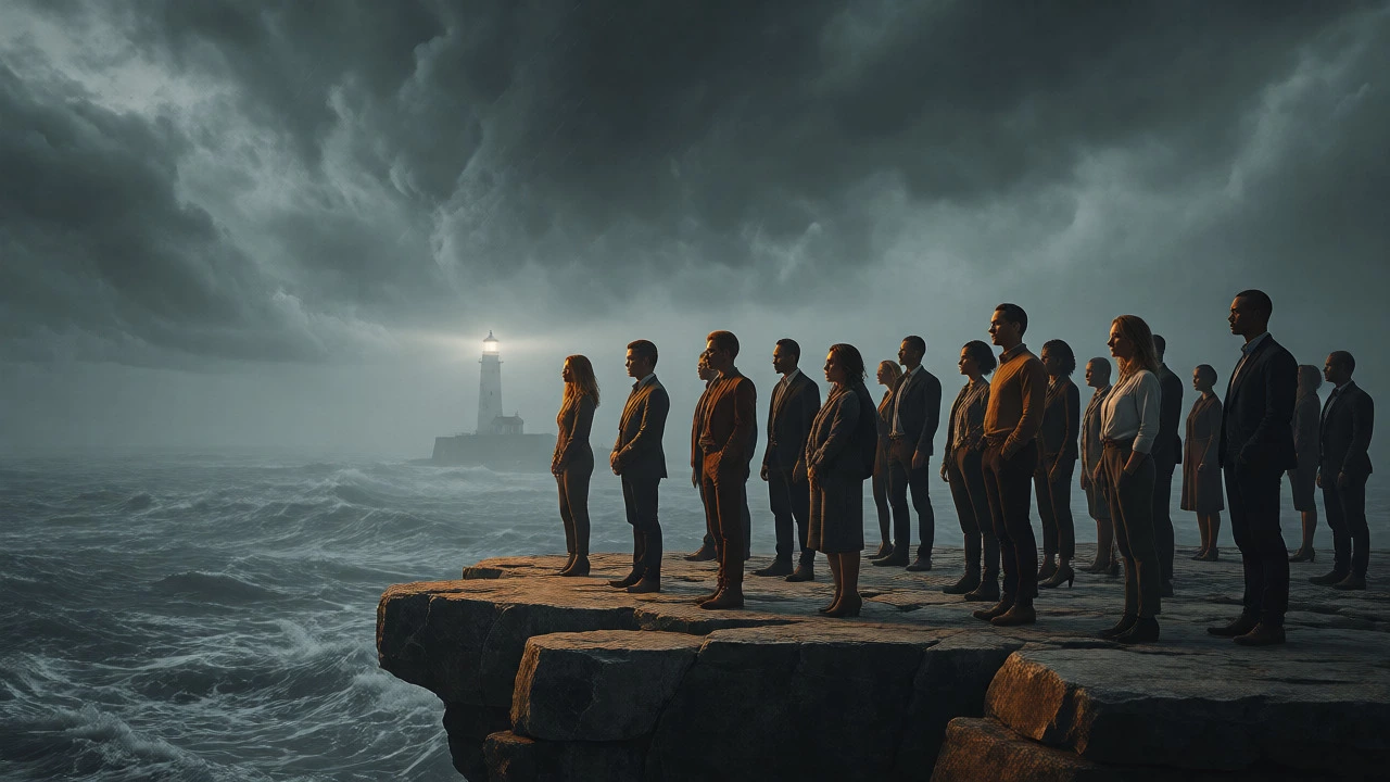 Investors standing calmly on a cliff during a storm, symbolizing stability