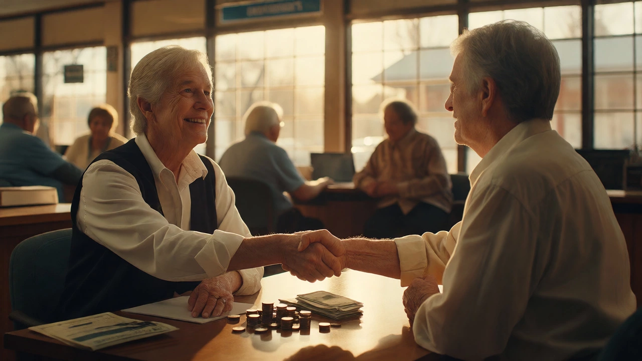 Loan officer shaking hands with relieved customer in credit union