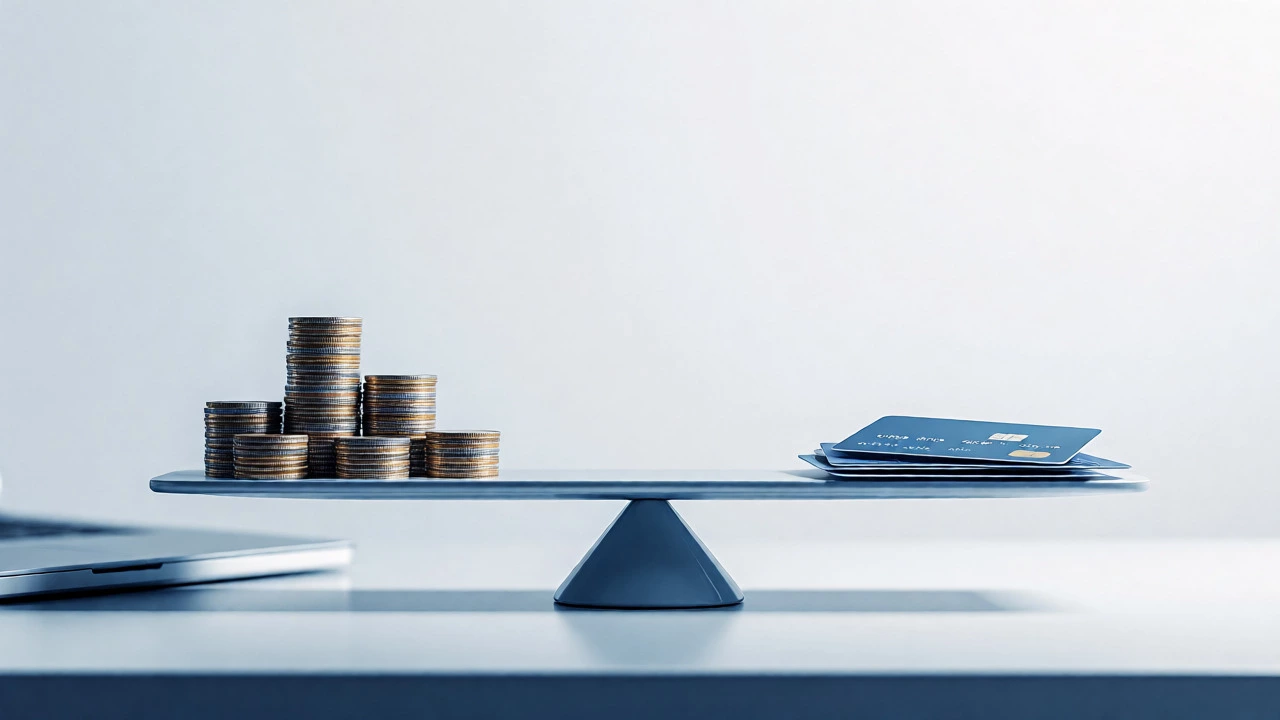 Scale balancing coins and credit cards to show financial ratio