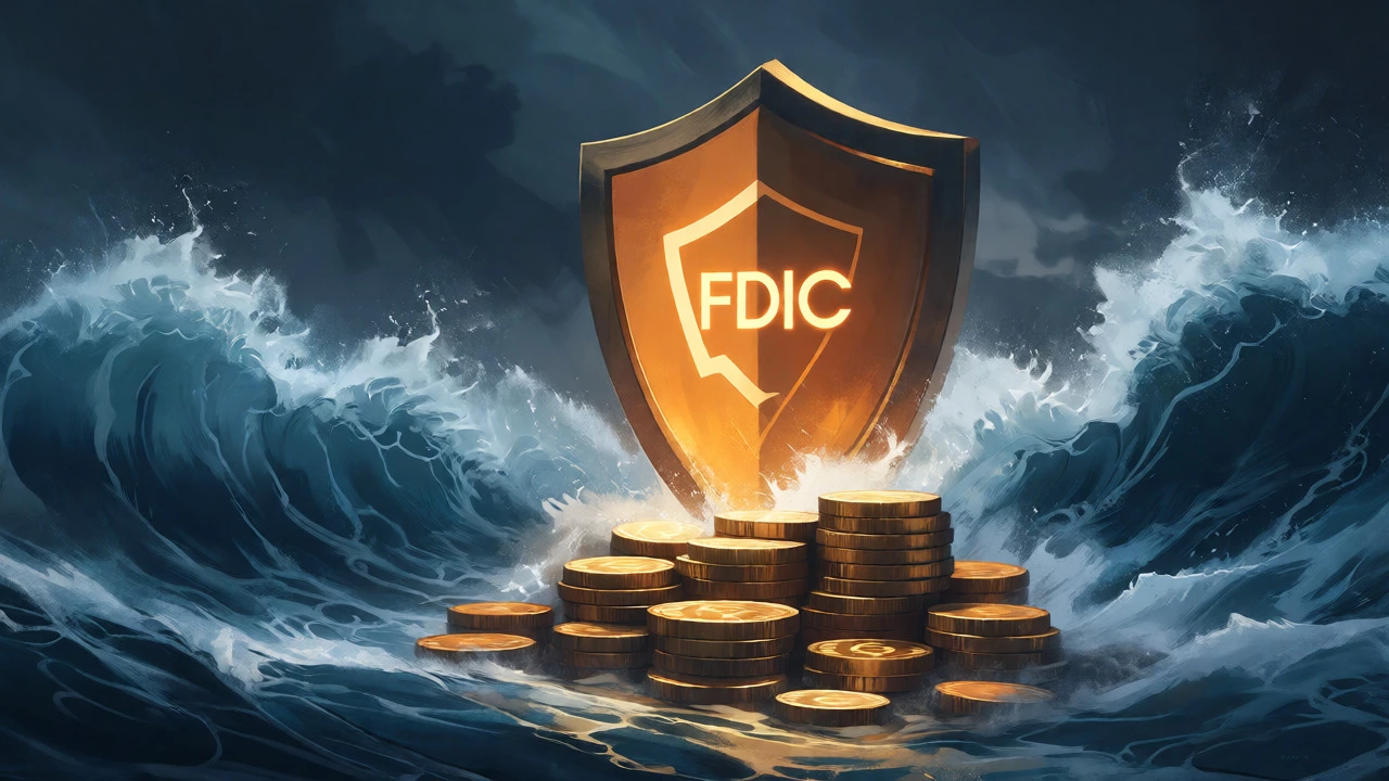 Shield protecting gold coins from stormy waves