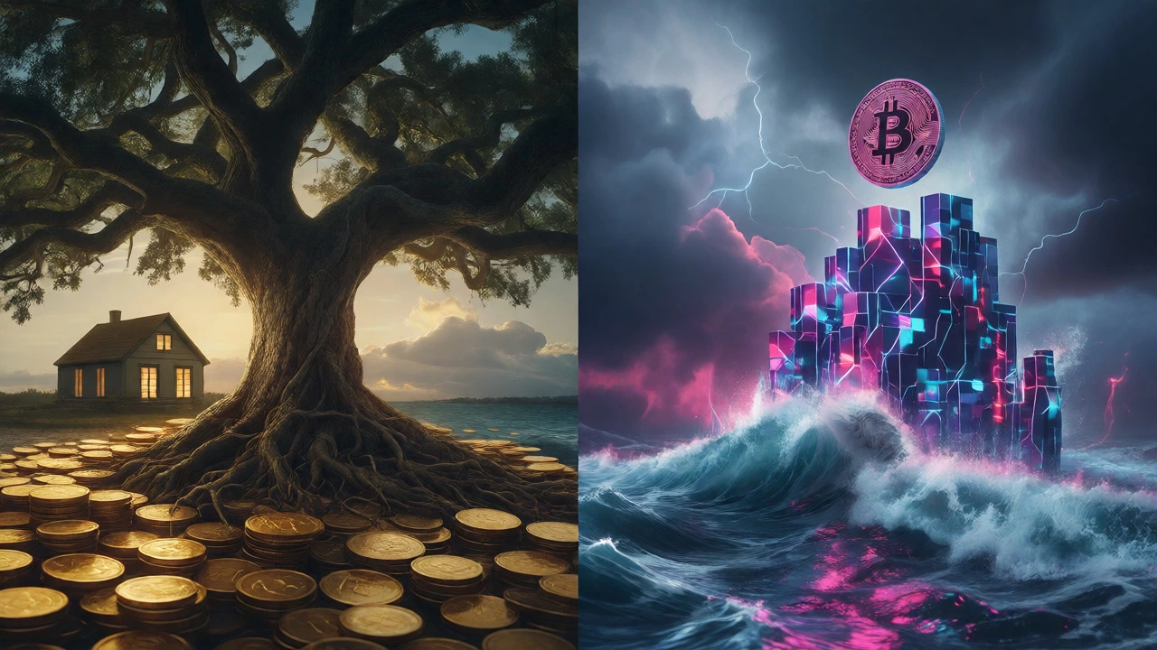 Split image showing a stable tree on one side and volatile crystals on the other
