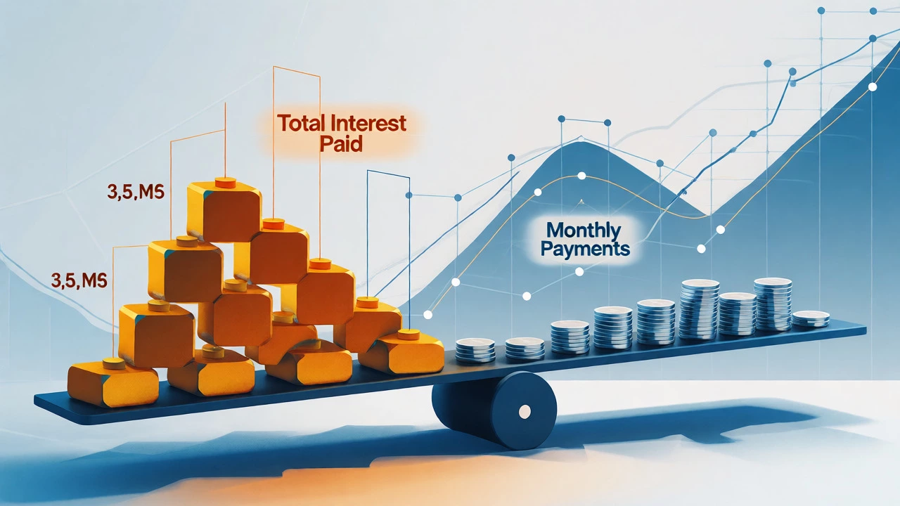 Visual balance scale comparing monthly payments and total interest